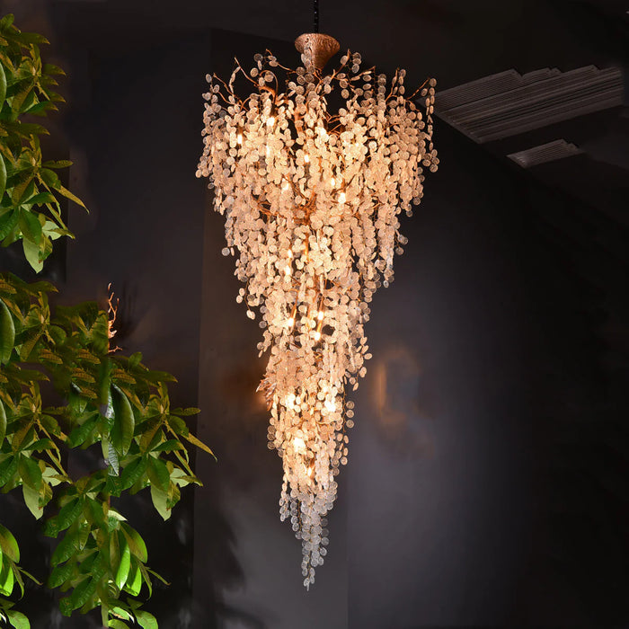 Lámpara de araña de montaje semiempotrado con rama de latón y flores artísticas únicas y modernas para sala de estar/pasillo/entrada/escalera