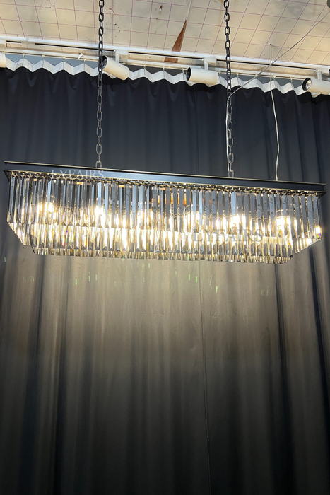 Lámpara de araña de cristal de isla de cocina de moda en acabado negro/gris ahumado Luz colgante de cadena rectangular de dos niveles/lámpara para mesa de comedor larga