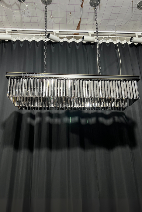 Lámpara de araña de cristal de isla de cocina de moda en acabado negro/gris ahumado Luz colgante de cadena rectangular de dos niveles/lámpara para mesa de comedor larga