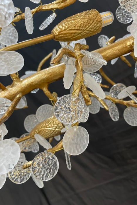 Elegante lampadario a bracci in ottone con foglie di cristallo, lampada a sospensione per soggiorno/camera da letto