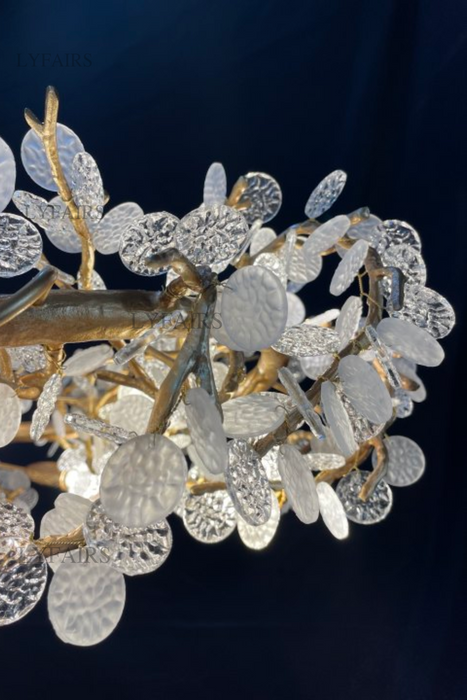 Elegante lampadario a bracci in ottone con foglie di cristallo, lampada a sospensione per soggiorno/camera da letto