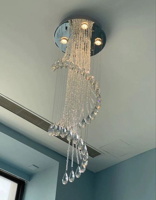 Flush Mounted Spiral Crystal Drops Chandelier Round LED Ceiling Lighting Fixture For Foyer Staircase/ Hotel Entrance