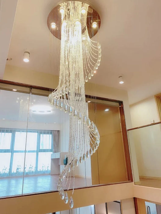 Lámpara de araña de gotas de cristal en espiral montada al ras, accesorio de iluminación de techo LED redondo para vestíbulo, escalera/entrada del Hotel