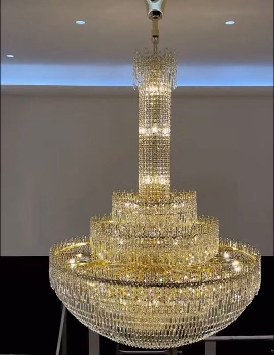 Luxury Oversized Gold European Crystal Chandelier 3-tiered Medium-length for Foyer/Staircase/Hallway/Entrway