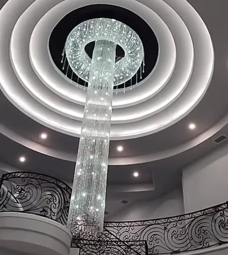 Lampadario di cristallo a soffitto di lusso a cascata argento extra large con montaggio a incasso per soggiorno/sala duplex dal soffitto alto