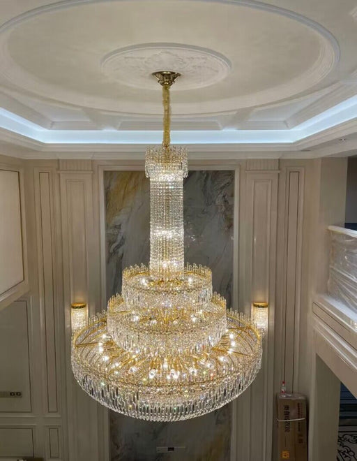 Luxury Oversized Gold European Crystal Chandelier 3-tiered Medium-length for Foyer/Staircase/Hallway/Entrway
