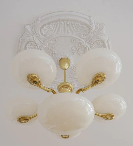 Mid-century Scandinavian American Vintage White Opal Brass Chandelier for Living Room/Bedroom