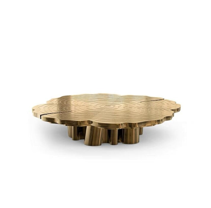 Juego de mesa de centro artística de lujo con tocón metálico en oro