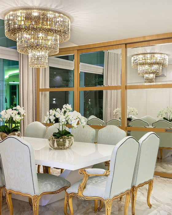 Lámpara decorativa redonda de cristal con montaje empotrado dorado Extra grande de 3 capas para sala de estar/comedor