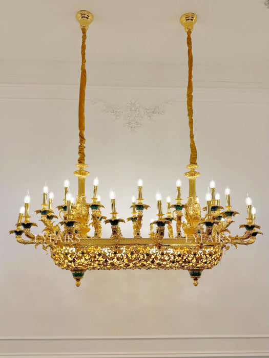 Royal Versailles Malachite Inlay Gilded Brass Candles Chandelier for Grand Foyers/Villas/Mansion/Staircases