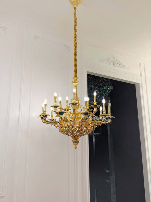 Royal Versailles Malachite Inlay Gilded Brass Candles Chandelier for Grand Foyers/Villas/Mansion/Staircases