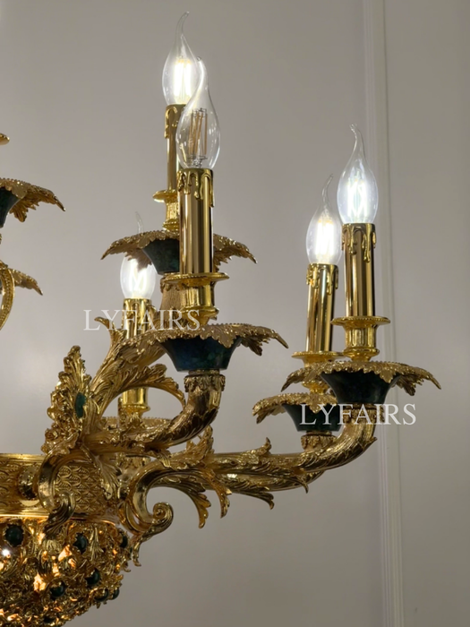 Royal Versailles Malachite Inlay Gilded Brass Candles Chandelier for Grand Foyers/Villas/Mansion/Staircases