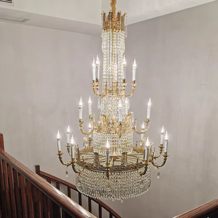  Large Oversized Luxury Golden Metal Brass  Candle Crystal Tassel Chandelier  For High-ceiling Staircase/Entryway/Hallway/Living/Meeting Room
