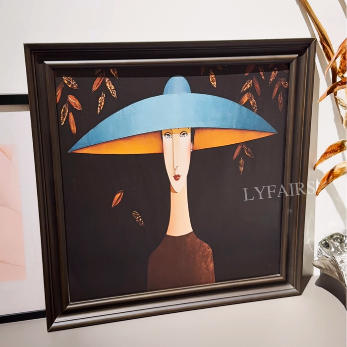 Vintage Elegant Lady in Wide-Brimmed Blue Hat Portrait Framed Wall Art