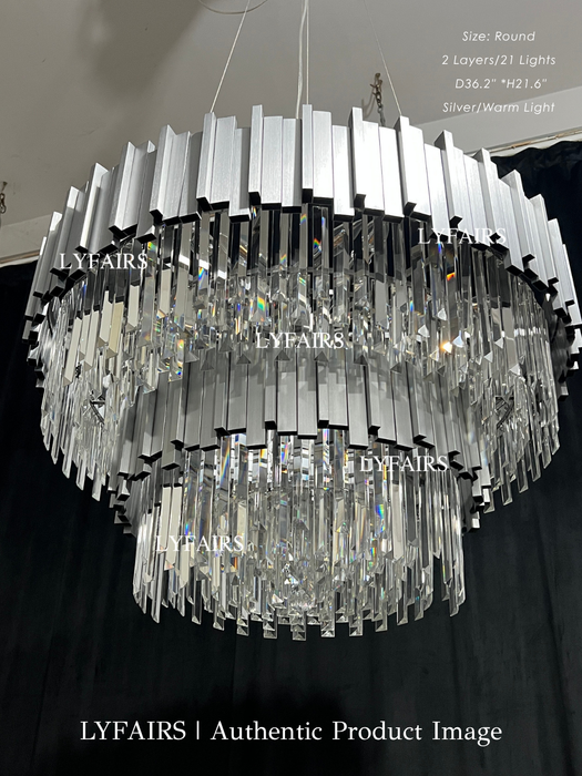 Modern Round 2-Tier Silver Frame Crystal Rod Chandelier