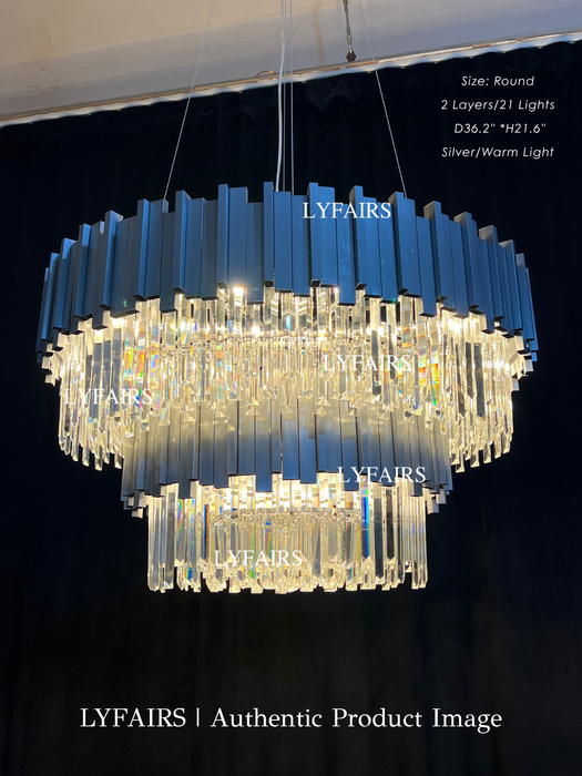 Modern Round 2-Tier Silver Frame Crystal Rod Chandelier