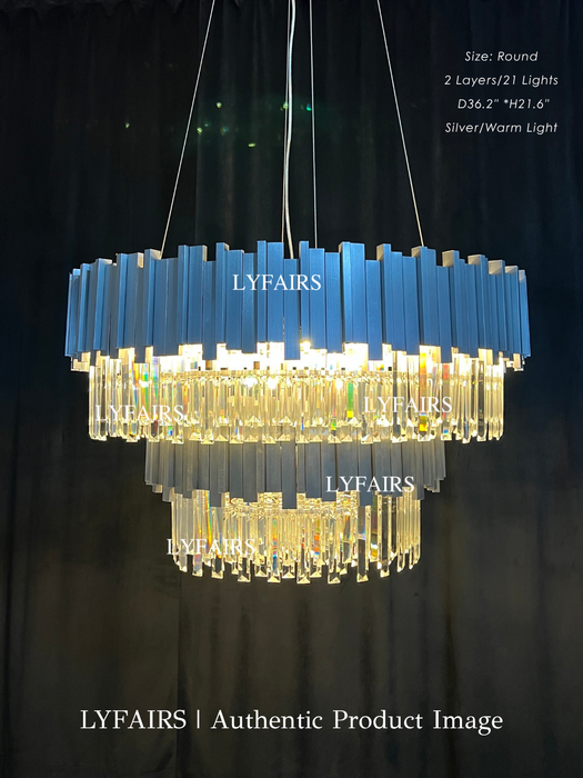 Modern Round 2-Tier Silver Frame Crystal Rod Chandelier