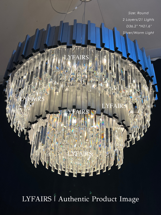 Modern Round 2-Tier Silver Frame Crystal Rod Chandelier