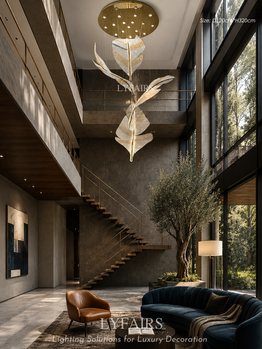 Modern Floating Crystal Leaves Chandelier for High Ceilings