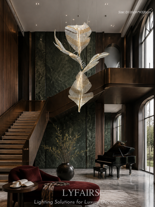 Modern Floating Crystal Leaves Chandelier for High Ceilings