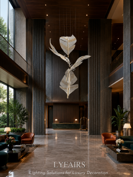 Modern Floating Crystal Leaves Chandelier for High Ceilings