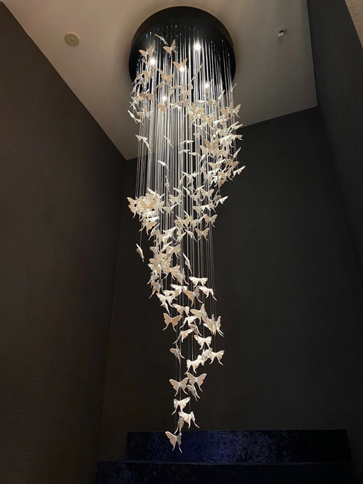 Modern Spiral Ceramic Butterfly Staircase Chandelier Ceiling Light Fixture for High Ceiling/Staircase/Entryway