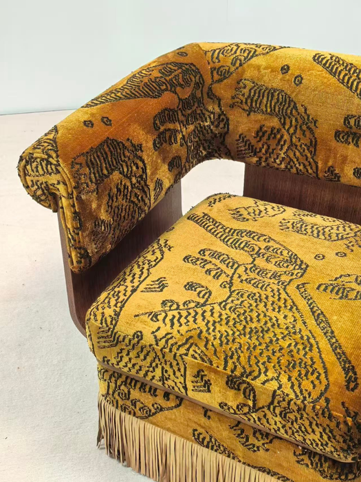 Vintage Designer Tiger‑Mountain Motif Fringe Armchair