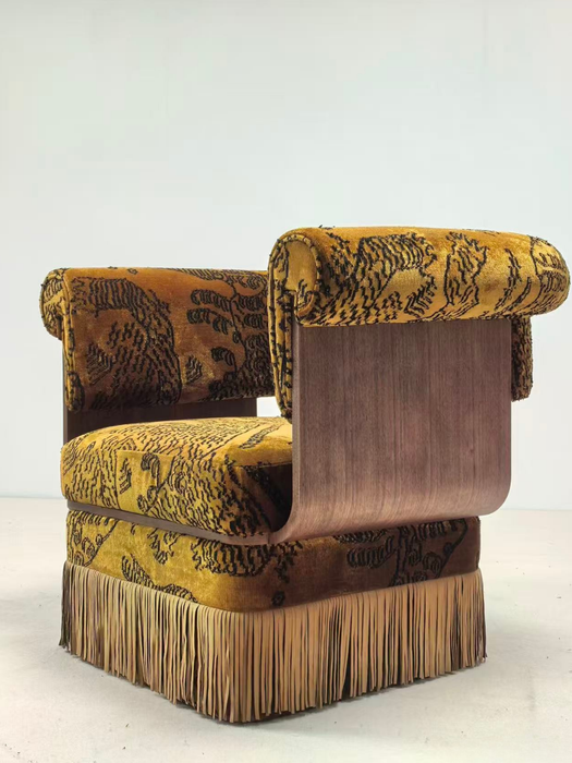 Vintage Designer Tiger‑Mountain Motif Fringe Armchair