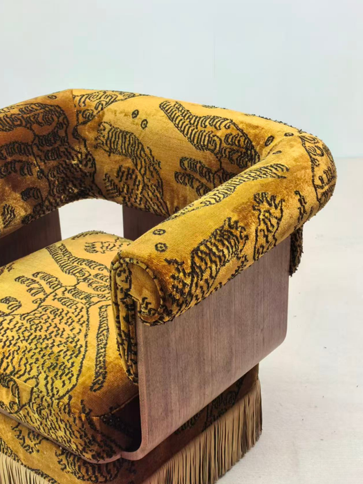 Vintage Designer Tiger‑Mountain Motif Fringe Armchair