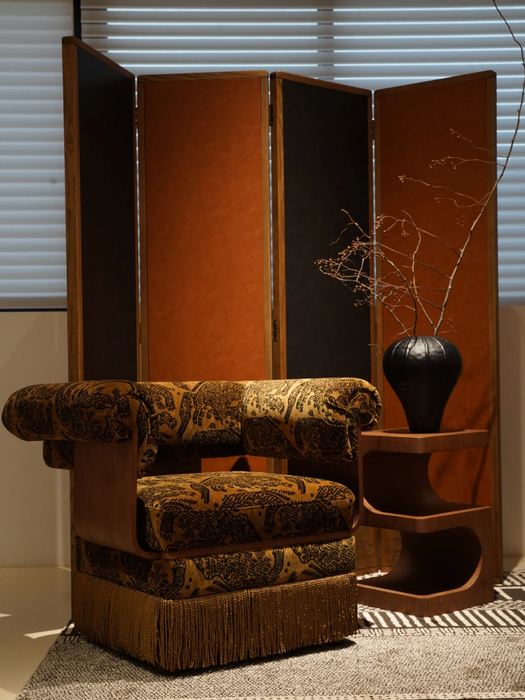 Vintage Designer Tiger‑Mountain Motif Fringe Armchair