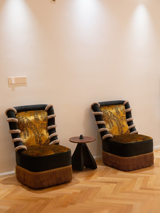 Retro Maximalist Tiger Mountain Motif Fringe Upholstered Accent Chair