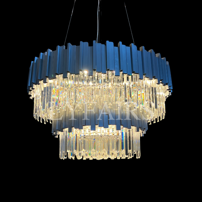 Modern Round 2-Tier Silver Frame Crystal Rod Chandelier
