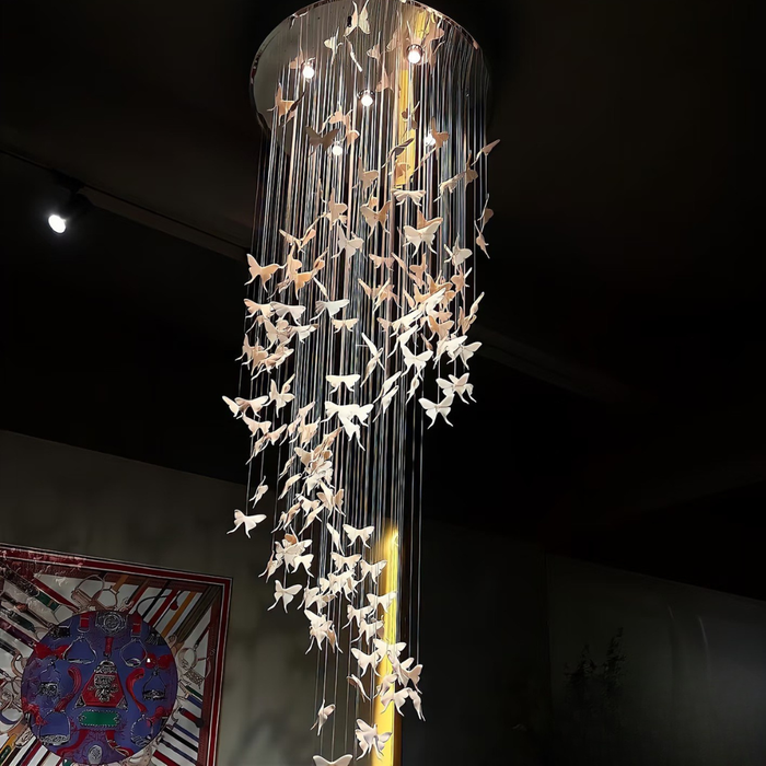 Modern Spiral Ceramic Butterfly Staircase Chandelier Ceiling Light Fixture for High Ceiling/Staircase/Entryway