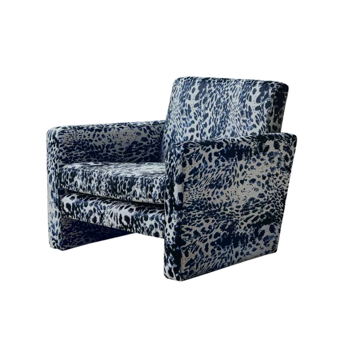 Mid‑Century Midnight Blue Leopard Block Accent Chair