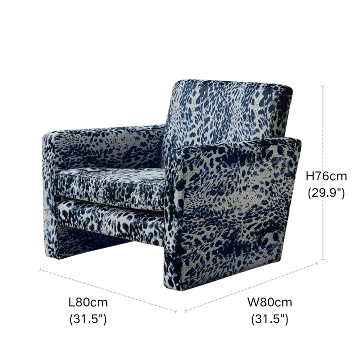 Mid‑Century Midnight Blue Leopard Block Accent Chair
