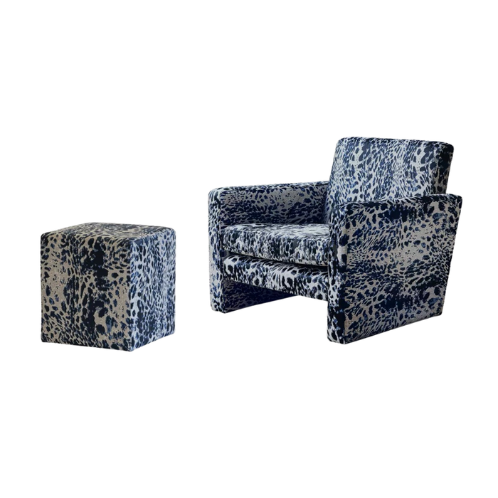 Mid‑Century Midnight Blue Leopard Block Accent Chair