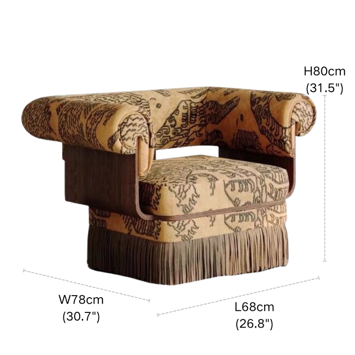Vintage Designer Tiger‑Mountain Motif Fringe Armchair