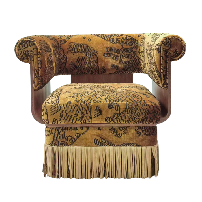 Vintage Designer Tiger‑Mountain Motif Fringe Armchair