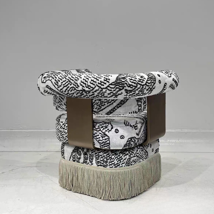 Vintage Designer Tiger‑Mountain Motif Fringe Armchair