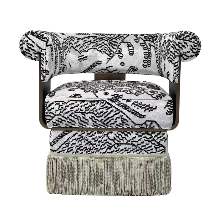 Vintage Designer Tiger‑Mountain Motif Fringe Armchair