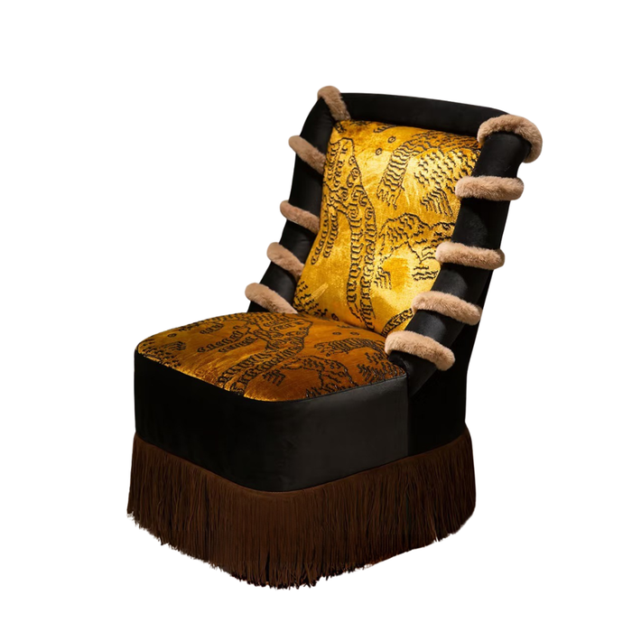 Retro Maximalist Tiger Mountain Motif Fringe Upholstered Accent Chair