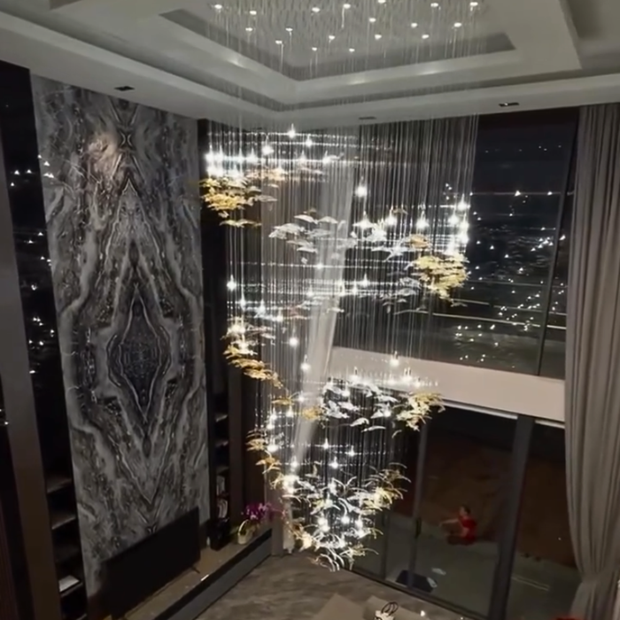 Modern Ascending Spiral Floating Glass Feather Chandelier with Bulbs