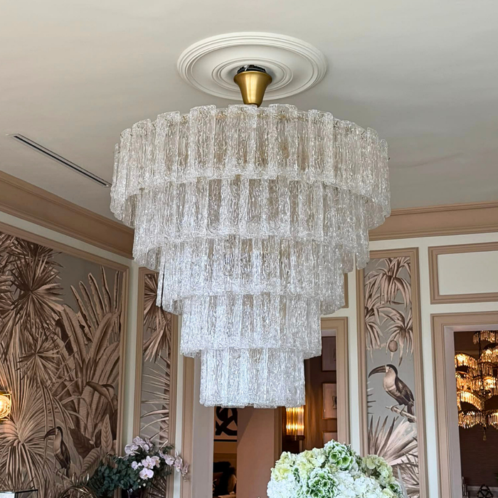 Modern Layered Falling Ribbed Textured Glass Chandelier