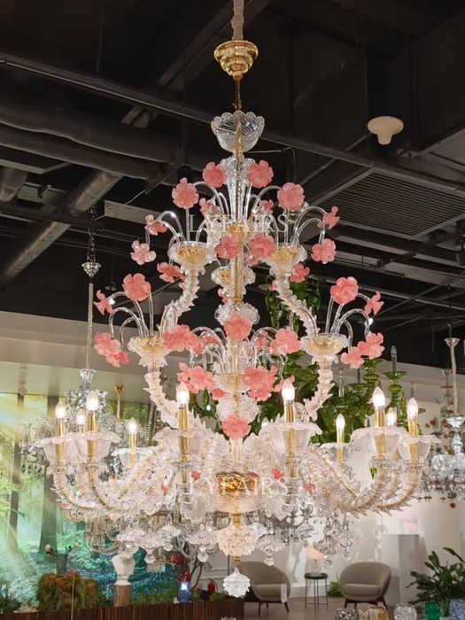 Romantic French Pink Blossom Branch Candle Crystal Chandelier