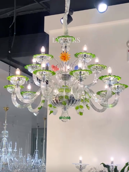Luxury Classic Green Trim Sculpted Floral Candle Crystal Chandelier