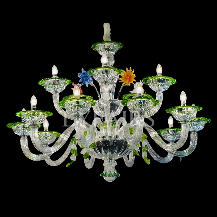 Luxury Classic Green Trim Sculpted Floral Candle Crystal Chandelier