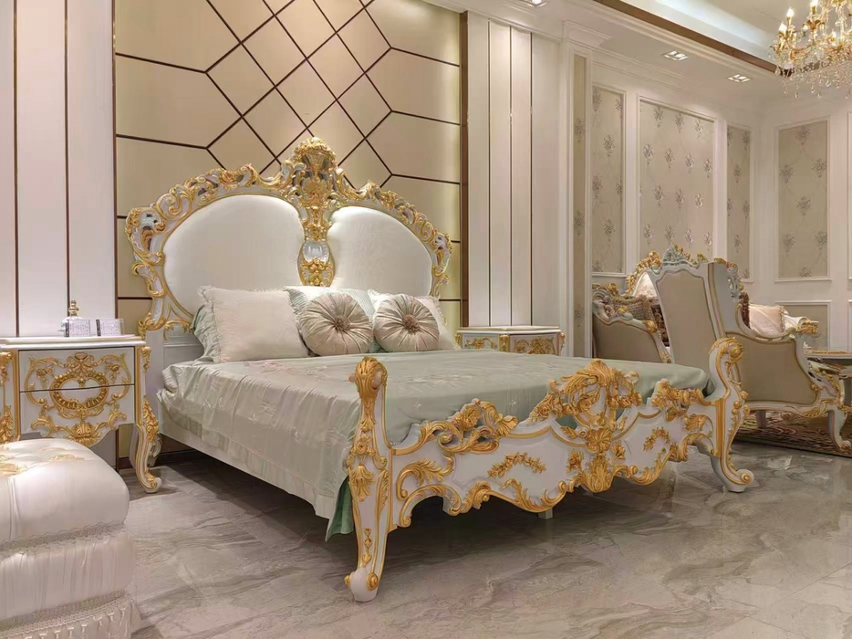 Grand French Baroque Gilded Floral‑Carved Upholstered Master Bed