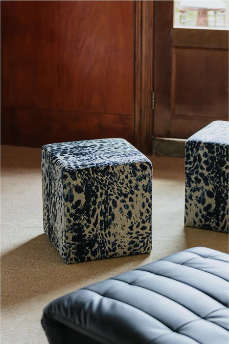 Mid‑Century Midnight Blue Leopard Block Accent Chair