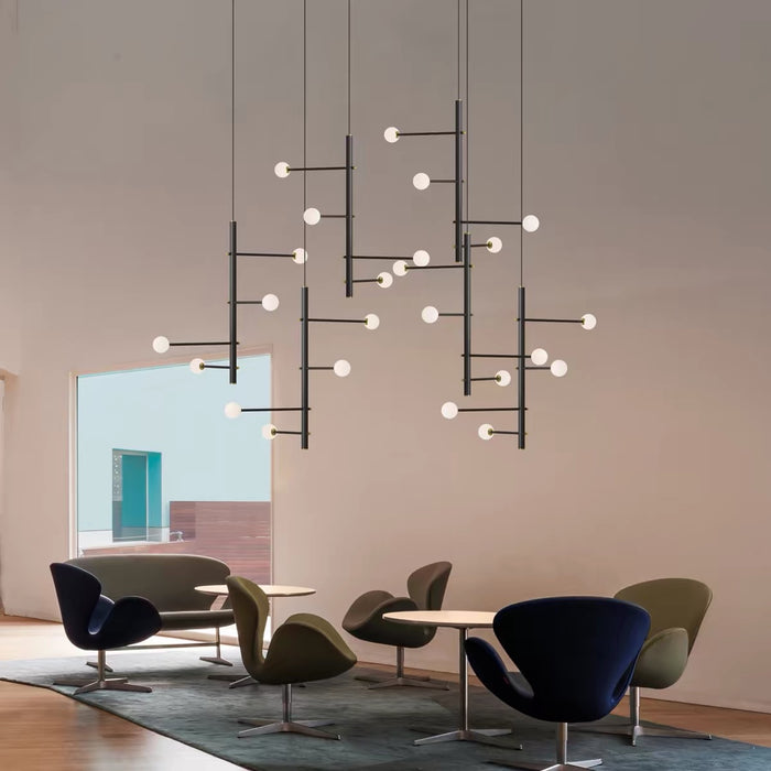 Modern Sculptural Linear Branch Opal Glass Sphere Staircase Chandelier