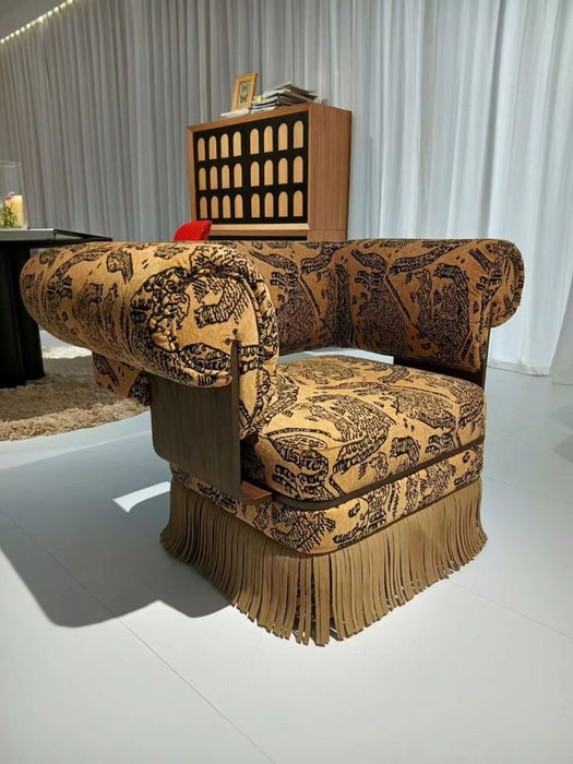 Vintage Designer Tiger‑Mountain Motif Fringe Armchair